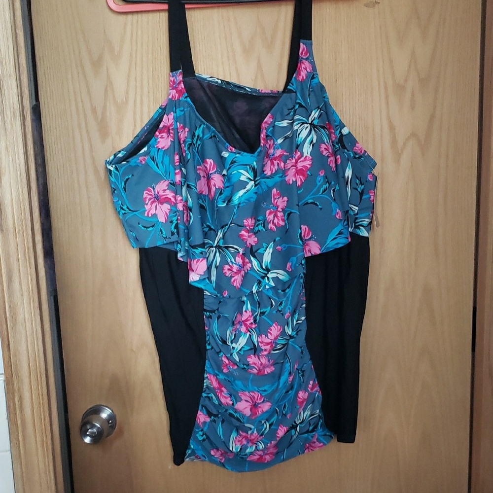 Catherines Blue and Pink Ruffled Asymmetrical Swim Top